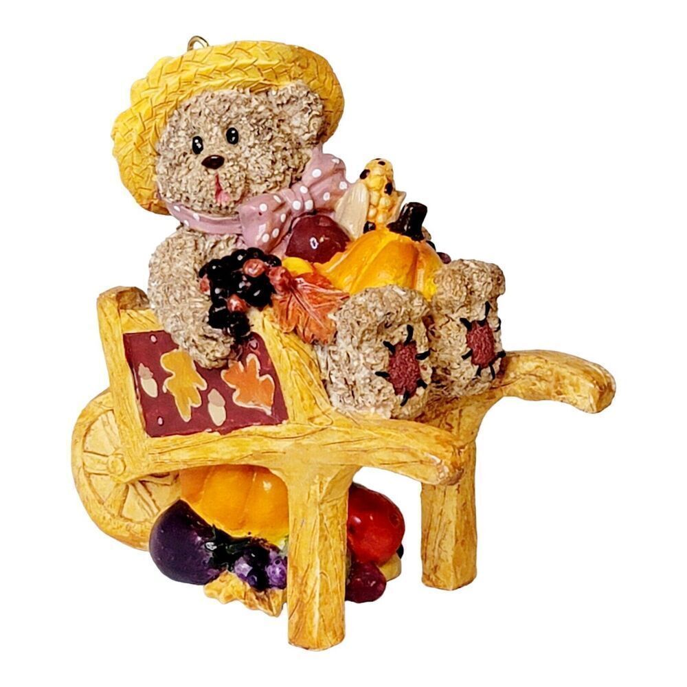 Vtg Fall Harvest Thanksgiving Resin Bear Pumpkins In Wheel Barrow Halloween READ